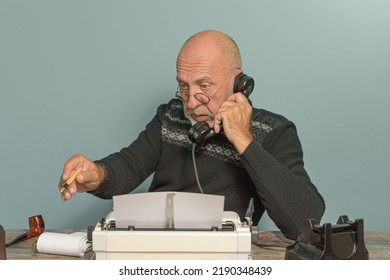 Newspaper Editor Of The Past. Work Desk, Typewriter And Phone