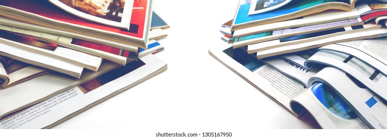 Newspaper and journal. Entertainment and leisure. Publication in magazin and books background. Fashion articles and catalog design over white background - Shutterstock ID 1305167950