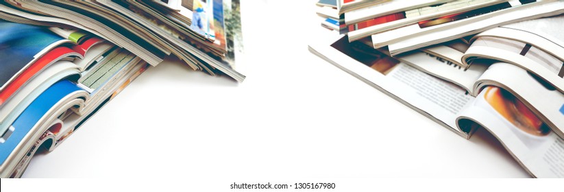 Newspaper and journal. Entertainment and leisure. Publication in magazin and books background. Fashion articles and catalog design over white background