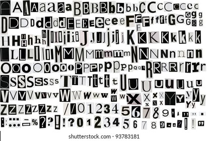 Newspaper, magazine alphabet with letters, numbers and symbols. Isolated on white background.