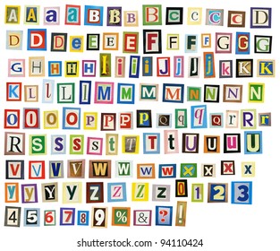 Newspaper, magazine alphabet with letters, numbers.