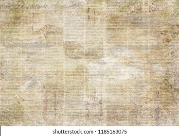 Newspaper Old Ancient Grunge Collage Horizontal Textured Background. Unreadable Vintage News Paper Pattern. Scratched Paper Texture Page. Sepia Newsprint Background.