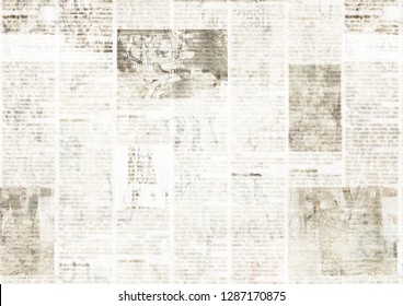 Newspaper with old unreadable text. Vintage grunge blurred paper news texture horizontal background. Textured page. Gray collage. Space for text.