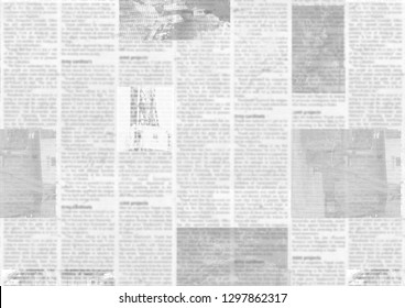 Newspaper with old unreadable text. Vintage grunge blurred paper news texture horizontal background. Textured page. Gray black white collage. Space for text.