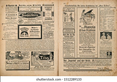 Newspaper page with retro advertising. Vintage engraved illustration. German magazine from 1904