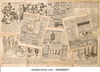 Newspaper pages with antique advertising. Fashion magazine for woman