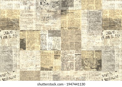 Newspaper paper grunge aged newsprint pattern background. Vintage old newspapers template texture. Unreadable news horizontal page with place for text, images. Yellow beige brown color art collage.