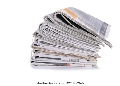 Newspaper Piled Up On A Table In A Office With White Background No People Stock Photo