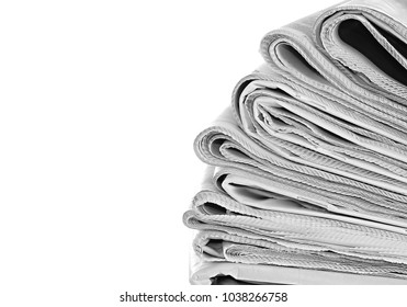 Newspaper Piled Up On A Table In A Office With White Background No People Stock Photo