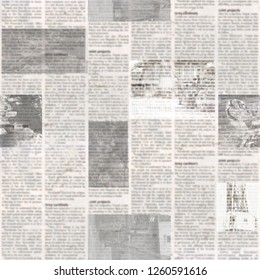 Newspaper Seamless Pattern With Old Unreadable Text And Images. Vintage Blurred Paper News Texture Square Background. Textured Page. Gray Beige Collage. Front Top View.