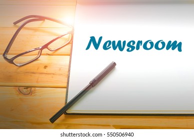 Newsroom  - Abstract Hand Writing Word To Represent The Meaning Of Word As Concept. The Word Newsroom Is A Part Of Action Vocabulary Words In Stock Photo.