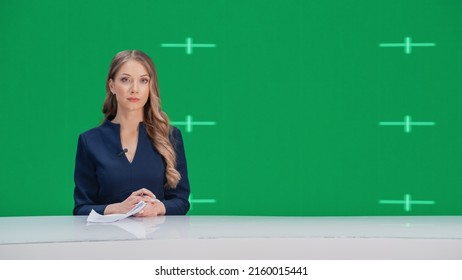 Newsroom TV Studio Live News Program: Caucasian Female Presenter Reporting, Green Screen Chroma Key Screen Picture. Television Cable Channel Anchor Woman Talks. Network Broadcast Mock-up.