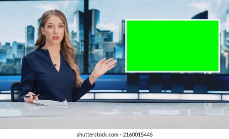 Newsroom TV Studio Live News Program: Caucasian Female Presenter Reporting, Green Screen Chroma Key Screen Picture. Television Cable Channel Anchor Woman Talks. Network Broadcast Mock-up.
