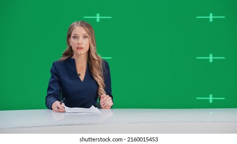 Newsroom TV Studio Live News Program: Caucasian Female Presenter Reporting, Green Screen Chroma Key Screen Picture. Television Cable Channel Anchor Woman Talks. Network Broadcast Mock-up