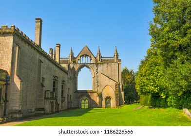 Newstead Abbey, England - May 6, 2018: Medieval architecture in Newstead Abbey grounds, major tourist landmark in Nottinghamshire, East Midlands, England