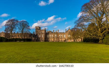 NEWSTEAD ABBEY, NOTTINGHAM, UK - Feb 8, 2020: A panorama view looking up at Newstead Abbey at Newstead, Nottingham on a bright winters day