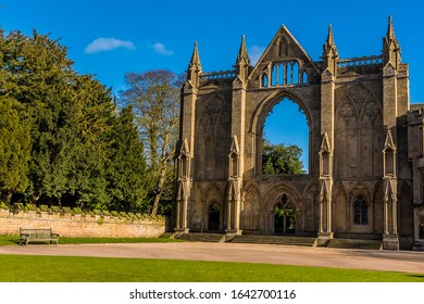 NEWSTEAD ABBEY, NOTTINGHAM, UK - Feb 8, 2020: A view looking through the ruins of the Abbey at Newstead, Nottingham on a bright winters day