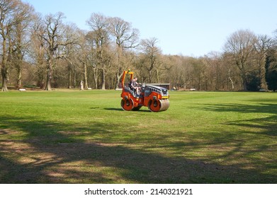 Newstead Abbey, Nottinghamshire, UK 03 25 2022 Road roller levelling a cricket pitch