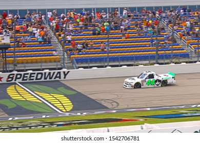 Newton, Iowa - June 16, 2019: Ross Chastain, Neice Motorsports, Chevrolet. NASCAR Gander Outdoors Truck Series M&M 300 Race 2019 Checkered Flag Flying Finish Line.