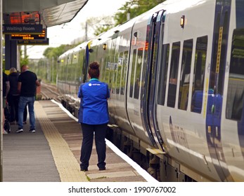 NEWTON Le WILLOWS. MERSEYSIDE. ENGLAND. 05-27-21.
The Railway Station. A Northern Rail Service For Chester Waits To Leave Platform 2.