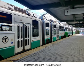 Newton, MA - March 16 2019: The MBTA Green Line Subway At Riverside Terminal