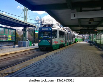 Newton, MA - March 16 2019: The MBTA Green Line Subway At Riverside Terminal