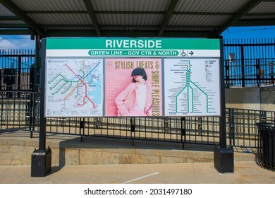 NEWTON, MA, USA - APR. 10, 2021: Boston Metro MBTA Schematic Map Including Rapid Subway System And Green Line At Riverside Terminal Station, Newton, Massachusetts MA, USA.