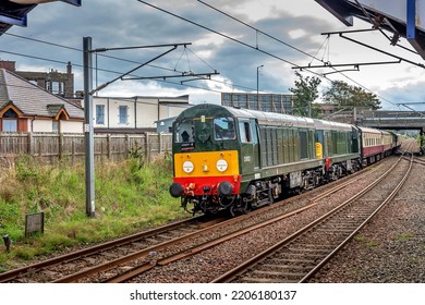 Newton On Ayr, Ayrshire, Scotland - September 21st 2022: Former British Rail Class 20107 And 20096 Approaching Newton On Ayr Station With The Ayrliner Railtour From Crewe To Stranraer.