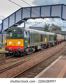 Newton On Ayr, Ayrshire, Scotland - September 21st 2022: Former British Rail Class 20107 And 20096 Approaching Newton On Ayr Station With The Ayrliner Railtour From Crewe To Stranraer.