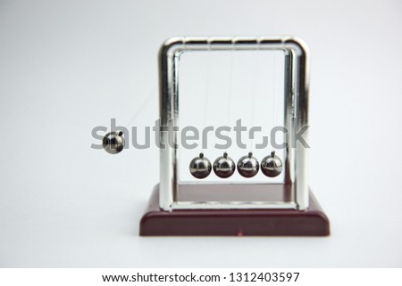 Newton's pendulum close-up on white background.