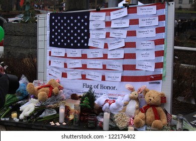 NEWTOWN, CONNECTICUT., USA-DEC 16: Sandy Hook Elementary School Shooting. Flag Of Honor, December 16, 2012 In Newtown, Connecticut, USA