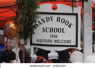 NEWTOWN, CT., USA, DEC 16, 2012: Sandy Hook Elementary School Shooting, Sandy Hook Hanging Sign, Dec 16, 2012 In Newtown, CT., USA