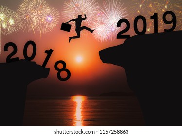 Newyear 2019 Concept Businessman Jumping To 2019 New Year