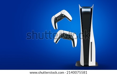 Next Generation console and controllers with blue background.