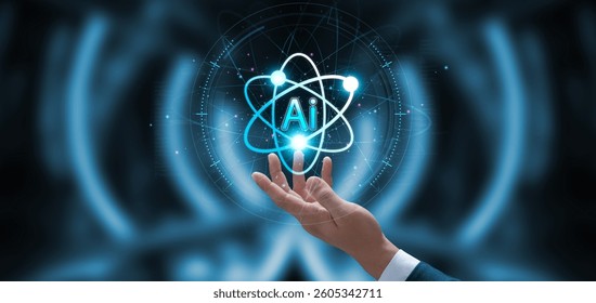 Next Generation Quantum AI Technology, Quantum Computing and Artificial Intelligence, Businessman Holding Quantum AI Symbol, Data Processing and Analytics, Blockchain, Business Transformation.