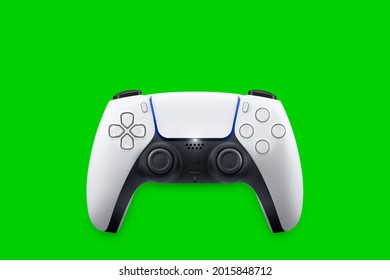 Next Generation White Game Controller Isolated On Green Background. Top View. Chroma Key.