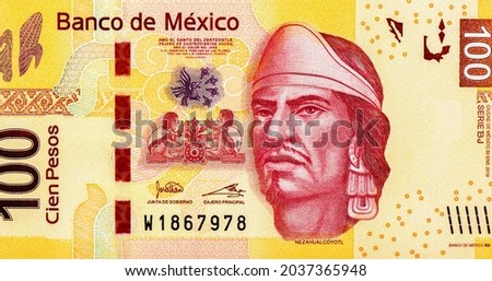 Nezahualcoyotl was a scholar, warrior, architect, poet and ruler (tlatoani) of the city-state of Texcoco in pre-Columbian era Mexico. Portrait from Mexico 100 Pesos 2019 Banknotes.