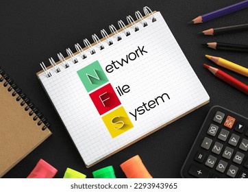 NFS Network File System - mechanism for storing files on a network, acronym text concept on notepad