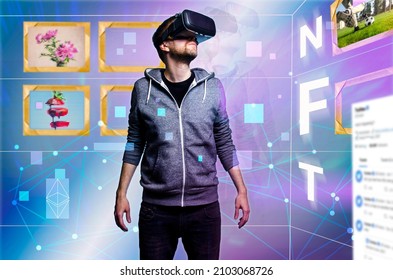 NFT concept, man standing with VR goggles looking for digital art to buy online.