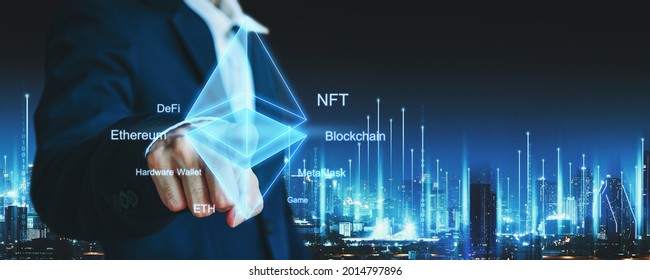 NFT Crypto Currency Ethereum Technology Concept, Professional Business Man Pointing ETH Icon And Blockchain Network On Futuristic City At Night In Bangkok, Thailand