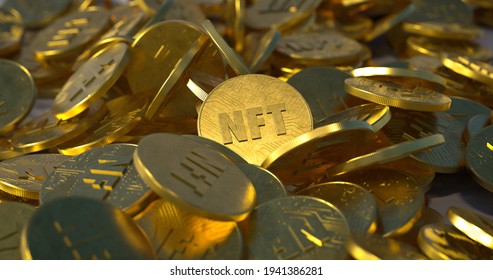 NFT golden coins in pile. Non fungible tokens dropped casually in a large pile, close-up shot. Embossed circuit design, shiny gold color with bright sunlight. Trendy cryptocurrency art coins. - Shutterstock ID 1941386281