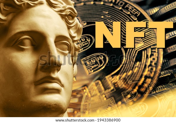 NFT Non fungible token. Crypto art concept. Technology selling unique collectibles, games characters, blockchain assets and digital artwork. Future of art market. Cryptocurrencies and e-commerce.