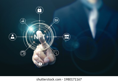 NFT non fungible token digital online cryptocurrency blockchain businessman concept, pay unique trading token collection vector art illustration computer infographic graphic blue network background - Powered by Shutterstock