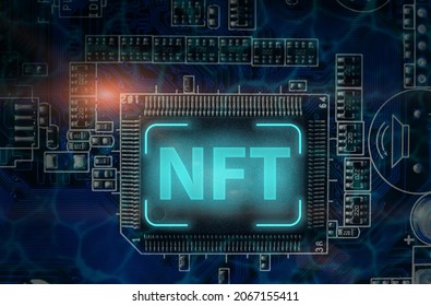 NFT on chip of circuit for selling unique collectibles of artwork. NFT Non fungible token crypto art concept. Future of art market in blockchain.
