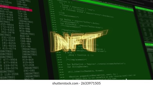 Nft text banner over multiple screens with over data processing against black background. Cryptocurrency and business technology concept - Powered by Shutterstock - Get 15% off with code: PIKWIZARD15