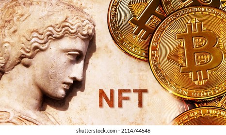 NFT Token And Classical Art, Sculpture Digitization For Marketplace. NFT Is Non-fungible Cryptocurrency. Concept Of Bitcoin, Blockchain, Crypto Tech, Virtual Art Gallery, Online Auction And Wealth.