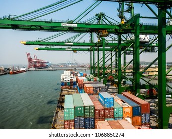 Nhava Sheva, Mumbai/ India - March 9 2018 : Container Vessel Alongside In The New Mbharat Mumbai Port