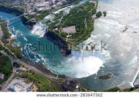 Niagara Falls American and Canadian side above view from Helicopter