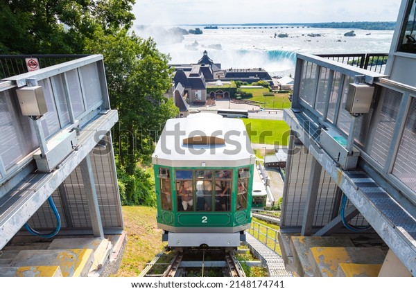 Niagara Falls, Canada - August 27, 2021: Niagara Parks\
Falls Incline Railway connect Fallsview Area with Table Rock\
Centre, provides riders a unique vantage point of the Horseshoe\
Falls. 
