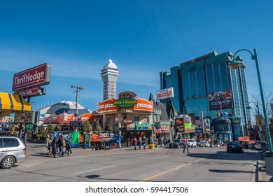 Niagara Falls, Canada, February 20, 2017: Tourist Attractions, Pizza, Casino, Castle Dracula, Haunted House, Thriftlodge